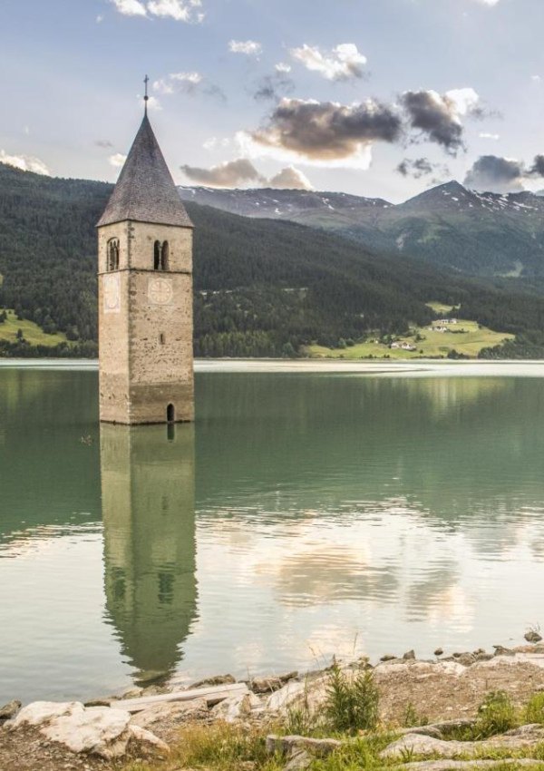 The sunken church tower in Lake Reschen